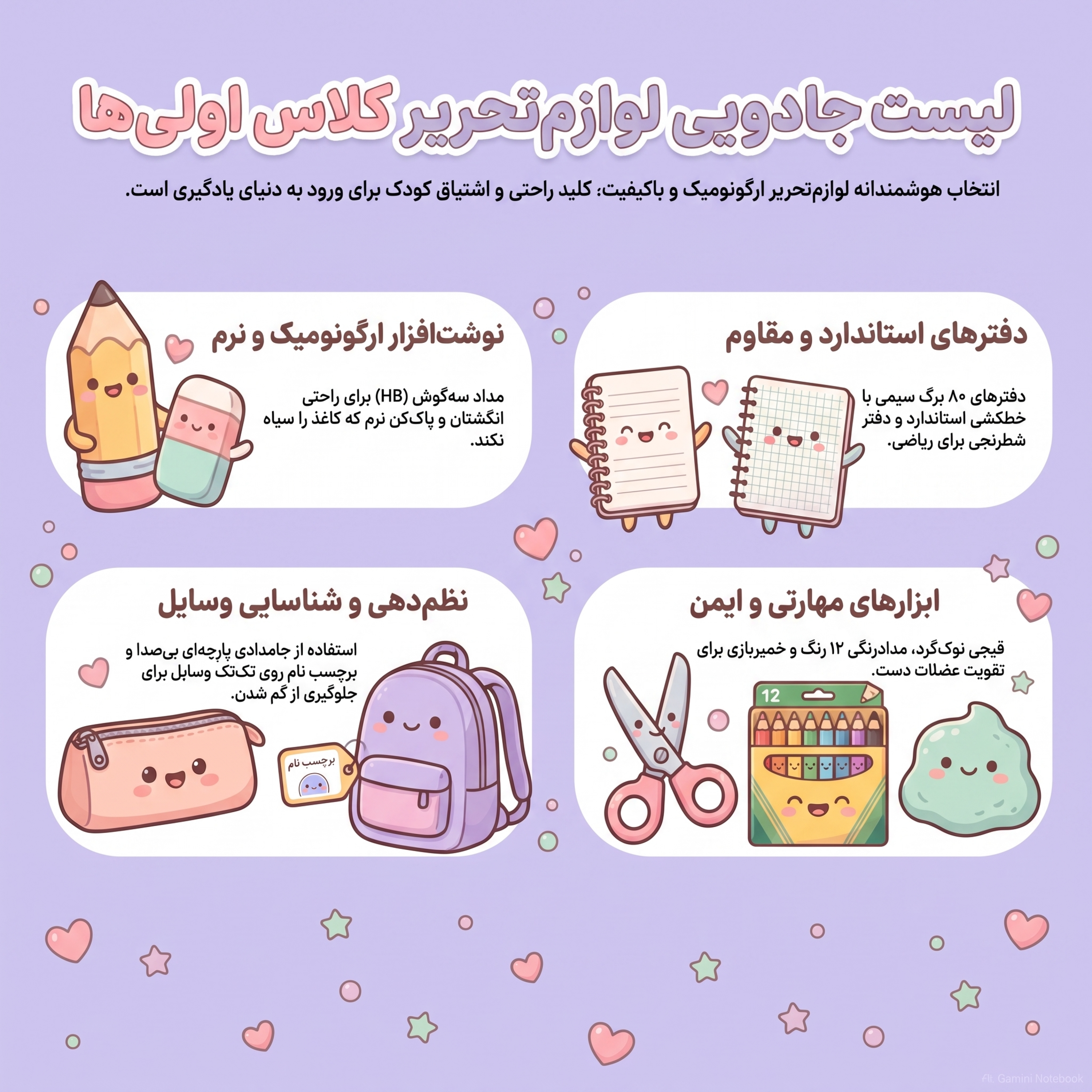 کاور راهنمای خرید لوازم تحریر کلاس اول ابتدایی