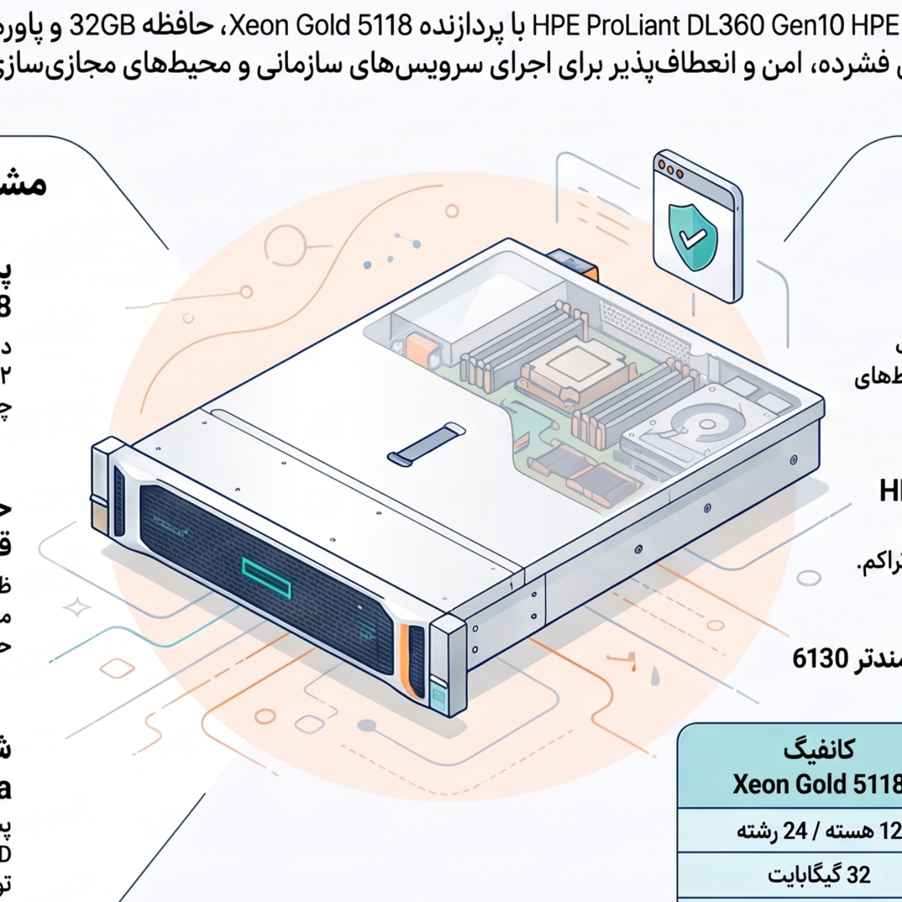 کاور سرور HPE ProLiant DL360 Gen10 با Xeon 5118، رم 32GB، 8SFF و پاور 800W