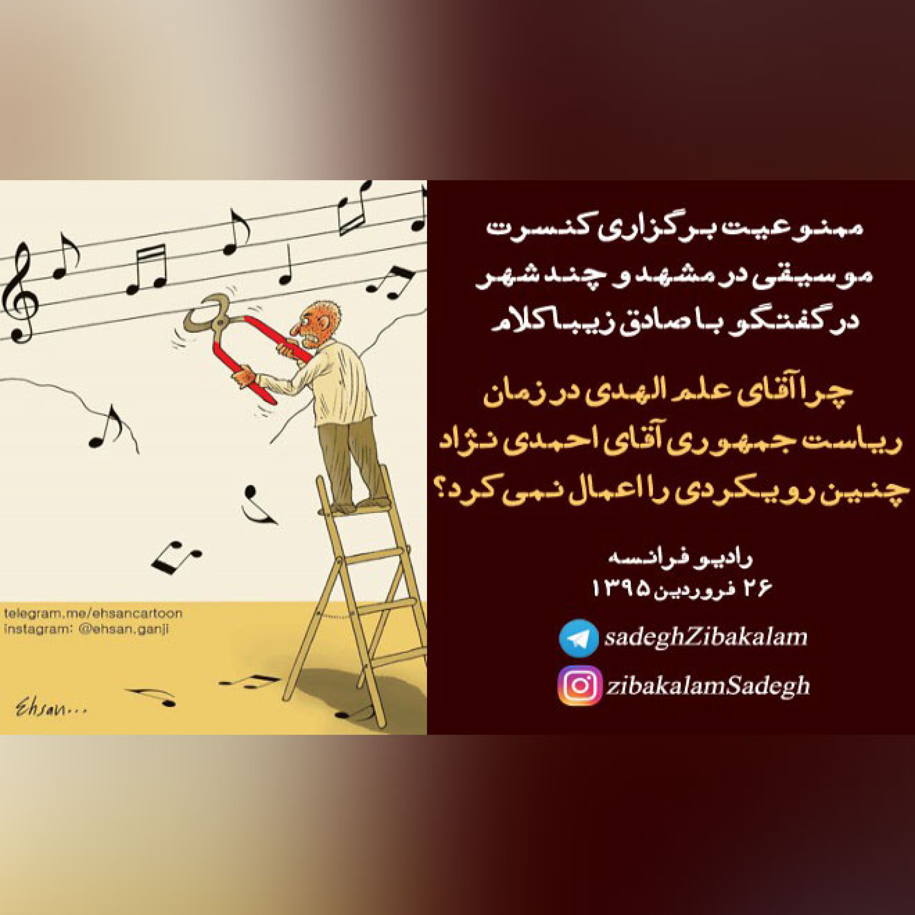 ممنوعیت برگزاری کنسرت موسیقی در مشهد و چند شهر دیگر در گفتگوی رادیو فرانسه با صادق زیباکلام