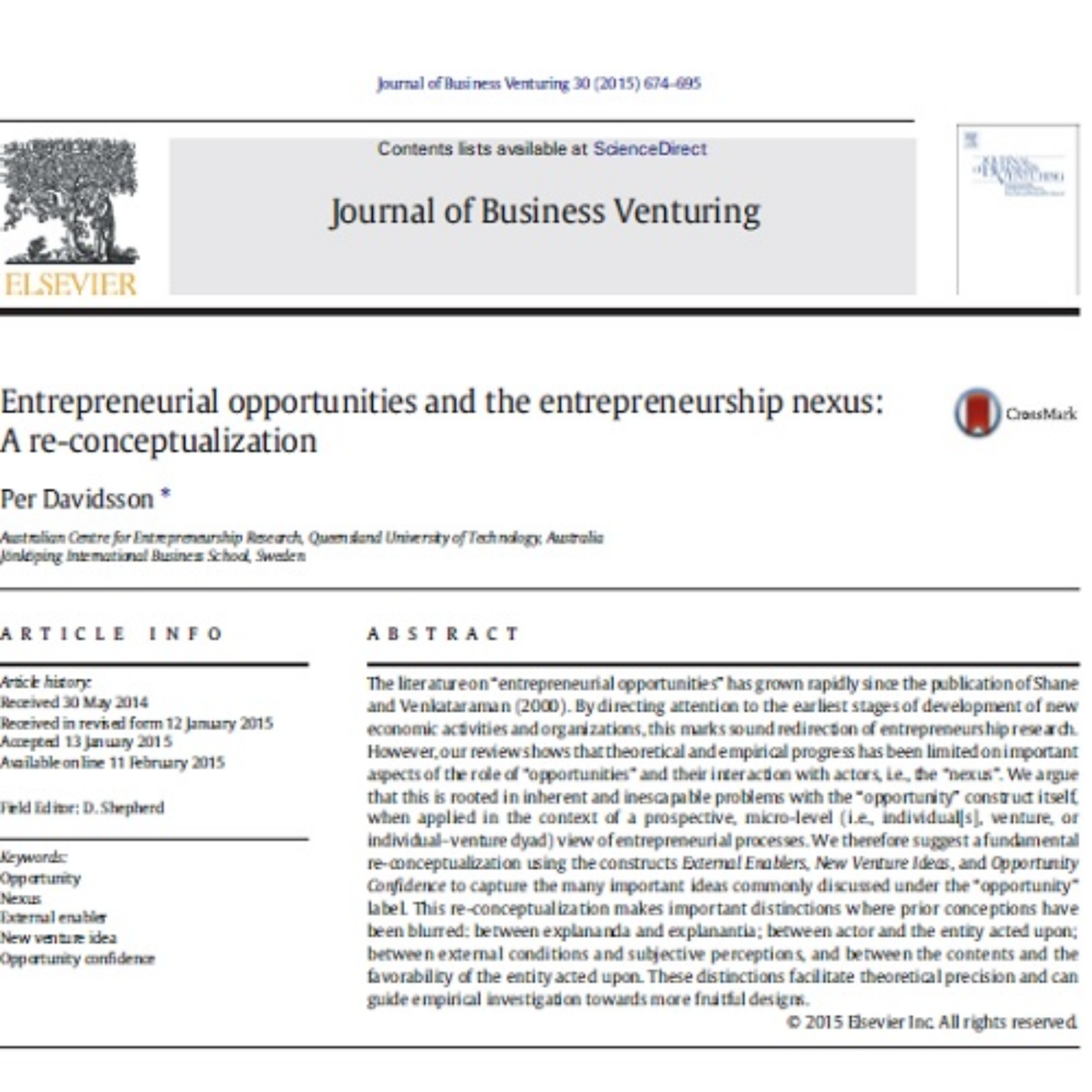 کاور 22- Entrepreneurial opportunities and the entrepreneurship nexus A re-conceptualization - Persian