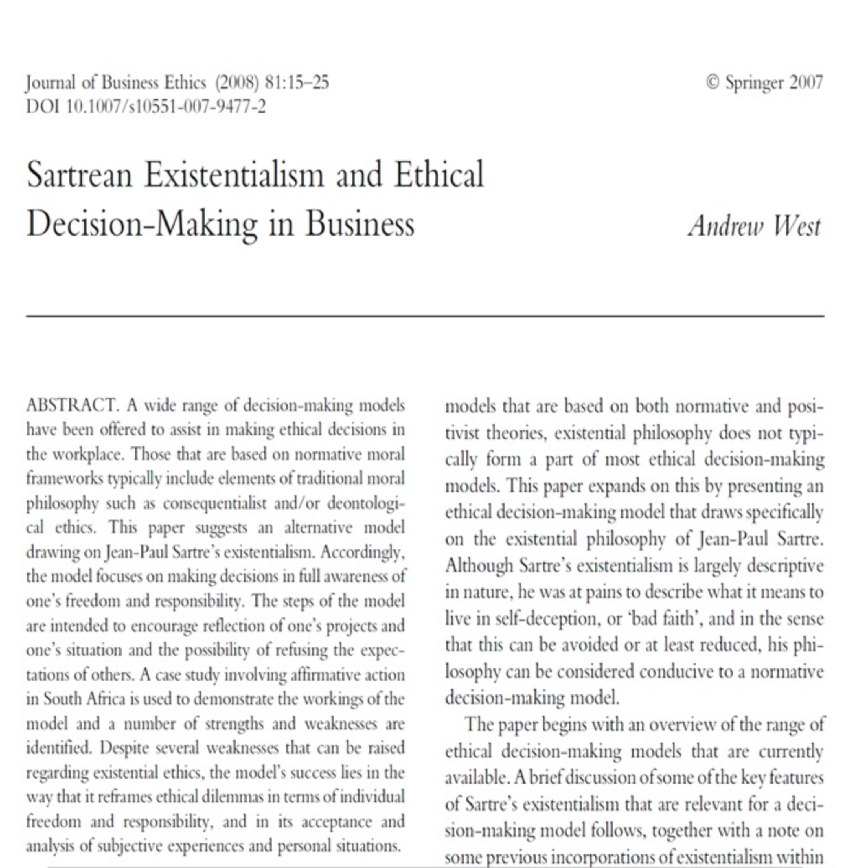 کاور 87- Sartrean Existentialism and Ethical Decision-Making in Business - Persian