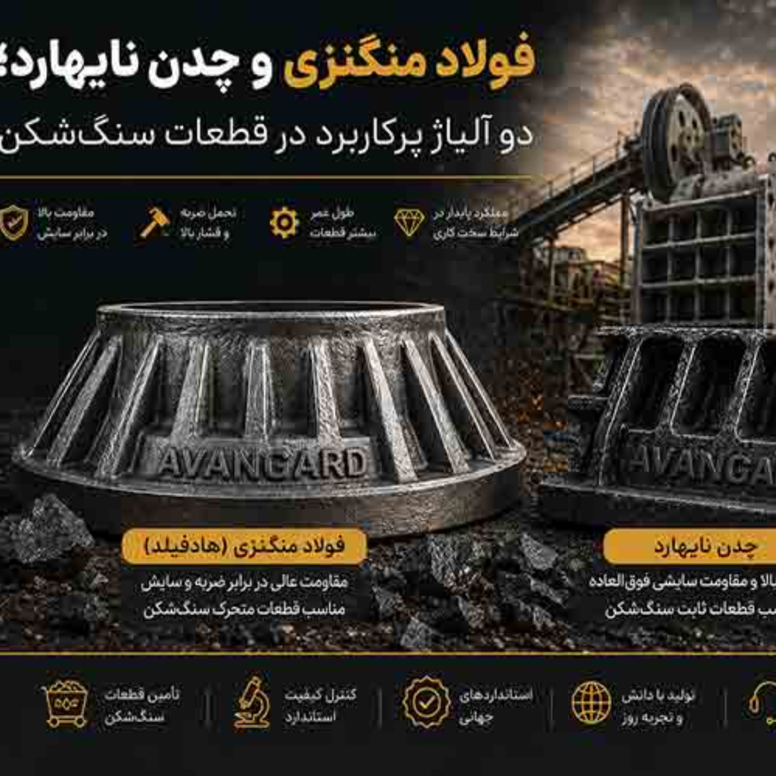 کاور فولاد منگنزی و چدن نایهارد؛ دو آلیاژ پرکاربرد در قطعات سنگ شکن