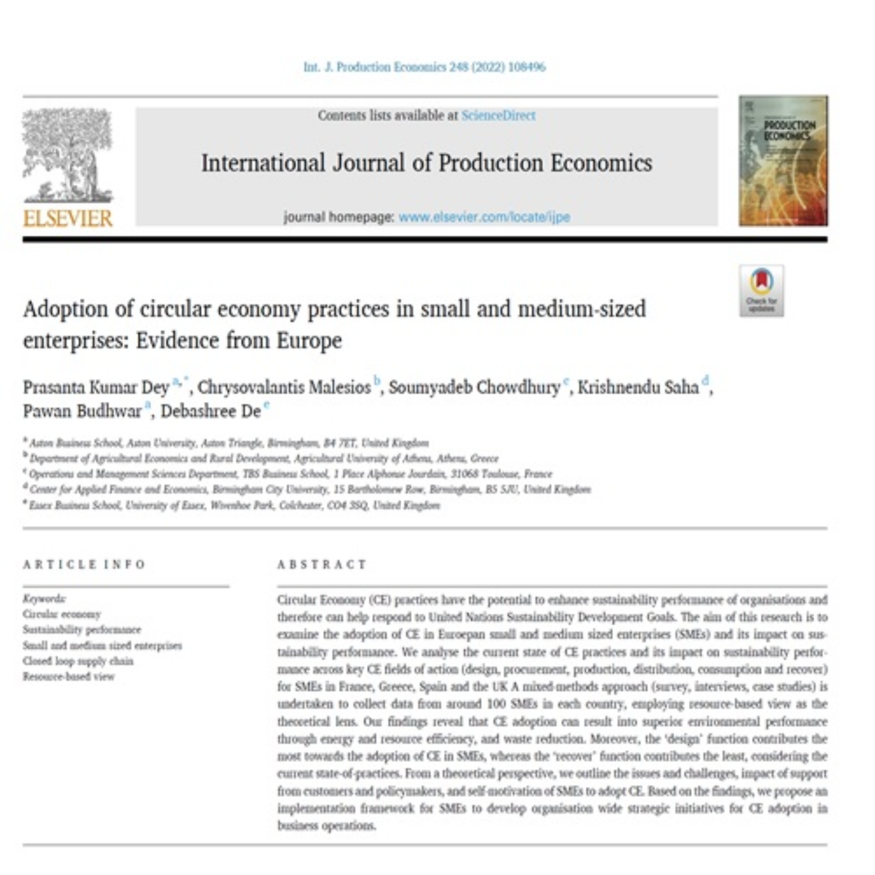 کاور 49- Adoption of circular economy practices in small and medium-sized enterprises Evidence from Europ