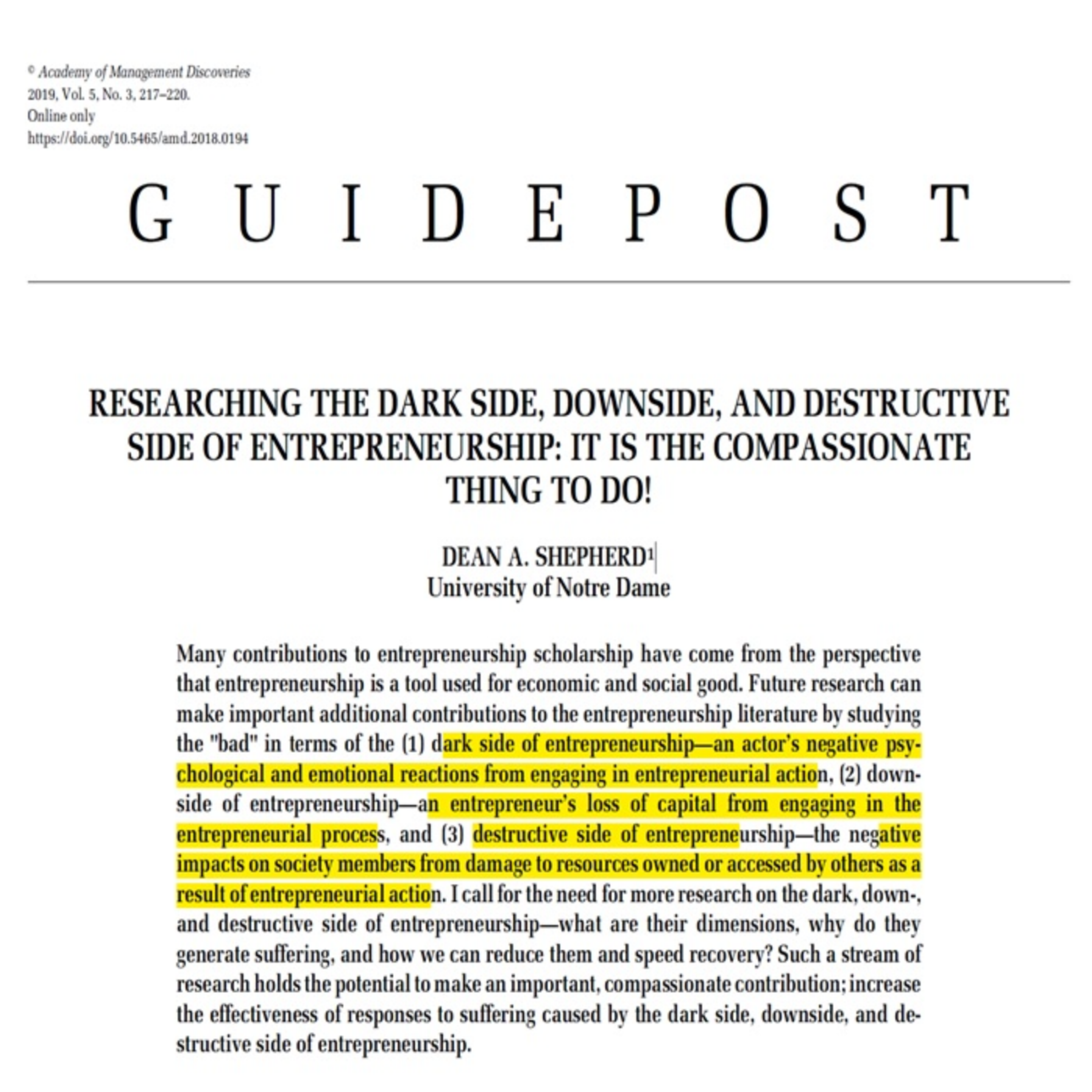 کاور 75- RESEARCHING THE DARK SIDE, DOWNSIDE, AND DESTRUCTIVE SIDE OF ENTREPRENEURSHIP IT IS THE COMPASSI