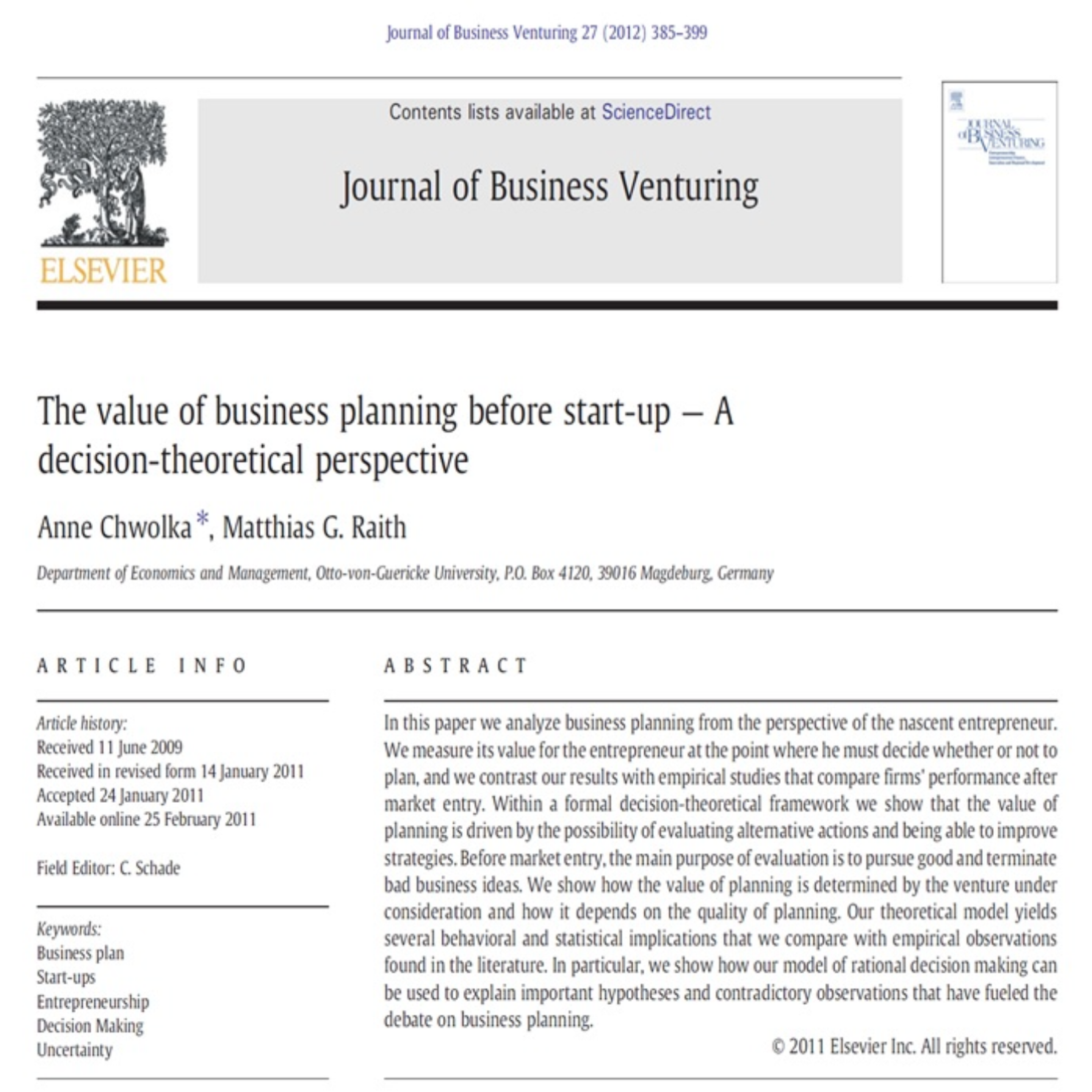 کاور 103- The value of business planning before start-up — A decision-theoretical perspective - Persian